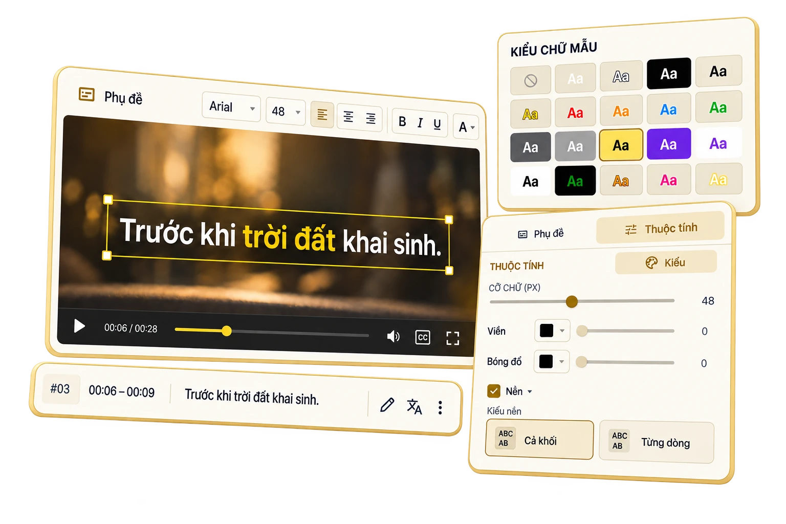 Minh hoạ chỉnh kiểu chữ, viền và nền cho câu phụ đề: Trước khi trời đất khai sinh.