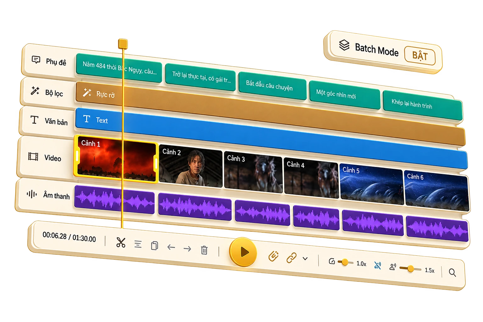Timeline EZMAXSUB với các lớp phụ đề, bộ lọc, chữ, cảnh video, âm thanh và Batch Mode.